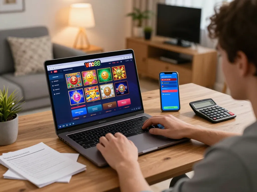 Engaged player using one88 online casino platform in cozy home gaming setup