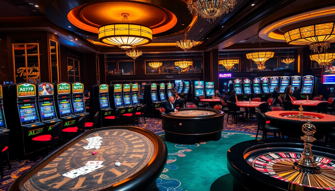 Players enjoying high-stakes games at ALO789 casino with vibrant tables and slots.