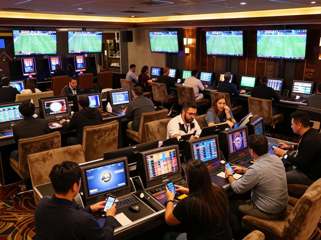 Engaged bettors placing bets at the modern sportsbook area of good88a, surrounded by live sports screens.