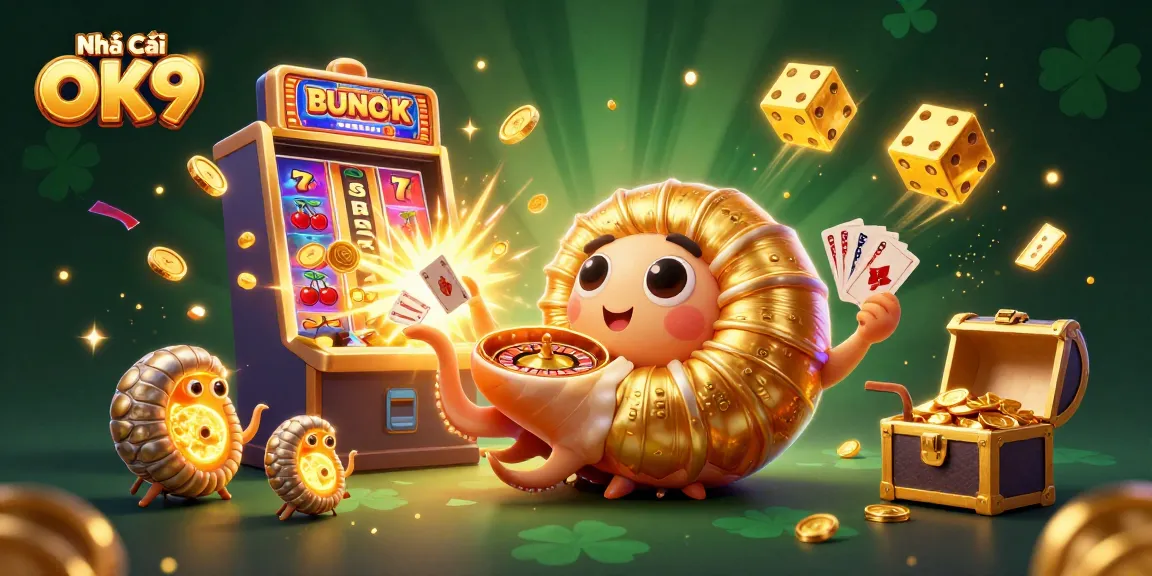 Engage with Nhà Cái OK9's vibrant casino world showcasing a 3D nautilus, slot machine, and thrilling action.