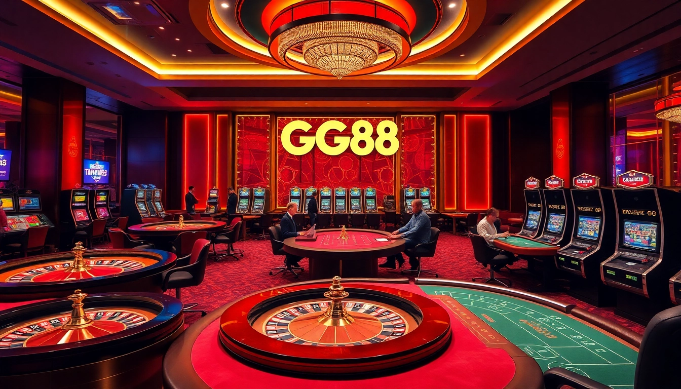 Exciting gaming atmosphere at nhà cái gg88, featuring players on a roulette table and engaging slot machines.