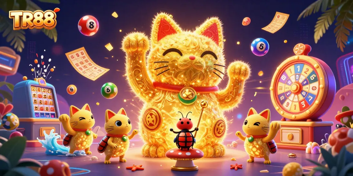 Experience thrilling gaming action with TR88, featuring a lucky cat and vibrant casino elements.