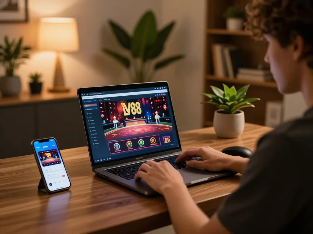 Login to LV88 on a stylish laptop, enjoying premium online casino games in a cozy home setting.