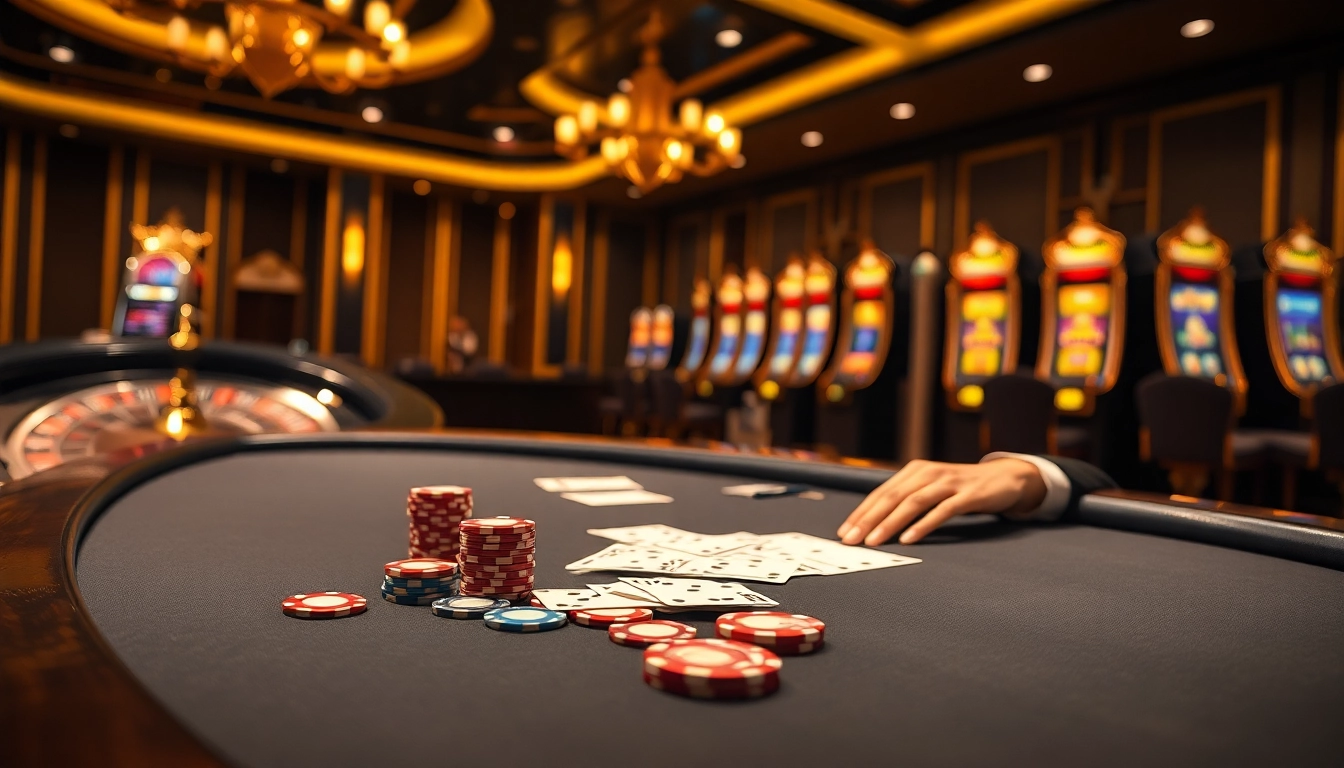 Authentic gaming experience at km1888b with vibrant casino tables, cards, and poker chips.
