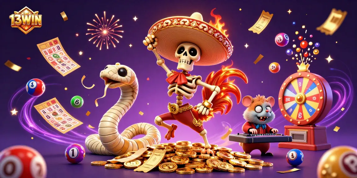 Experience excitement with 13WIN's vibrant 3D casino scene filled with festive energy and dynamic lottery themes.