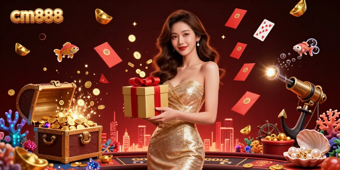 Engage with cm888 and win exciting rewards in this dynamic casino-themed illustration!