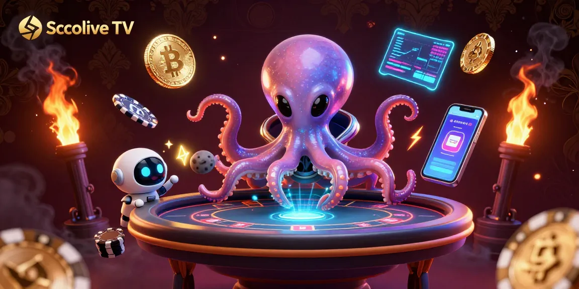 Socolive TV brings excitement to poker with alien octopus hosting a holographic table surrounded by vibrant crypto coins.