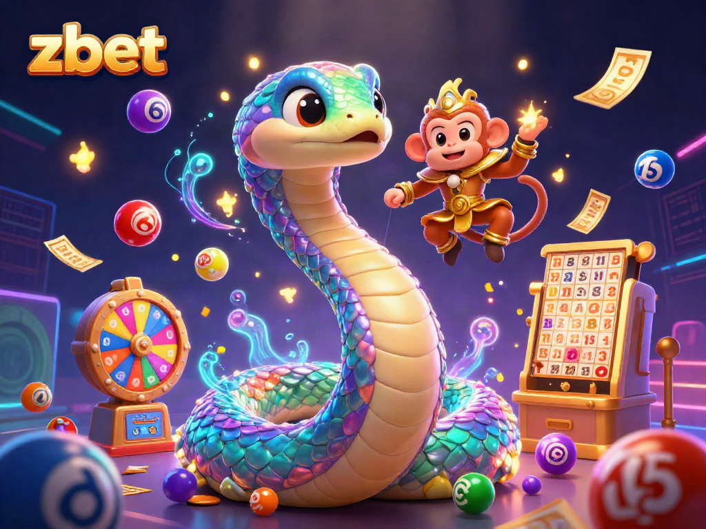 Experience zbet's excitement with a colorful, dynamic casino illustration featuring lottery elements and a vibrant atmosphere.
