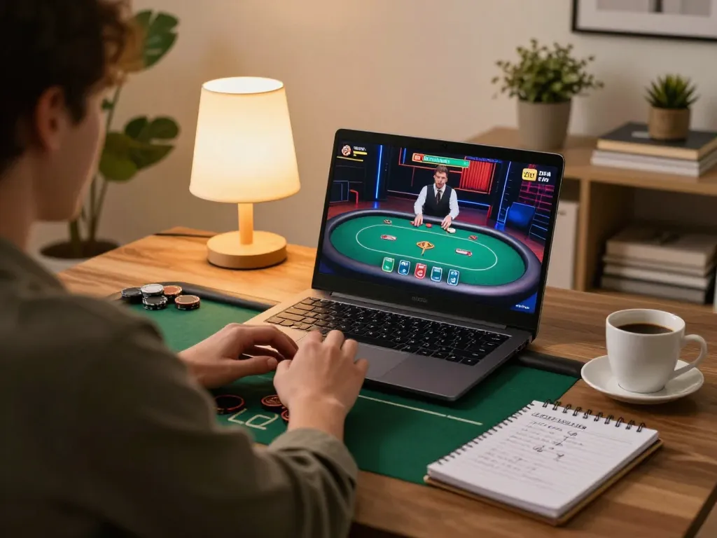 Engaging in poker on a laptop at https://123bz.uk.net/ with live dealer, illustrating strategic online gaming.