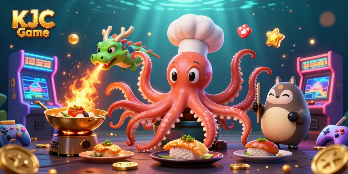 KJC Game showcases a vibrant scene with an octopus chef and a dragon, integrating casino elements and gaming icons.
