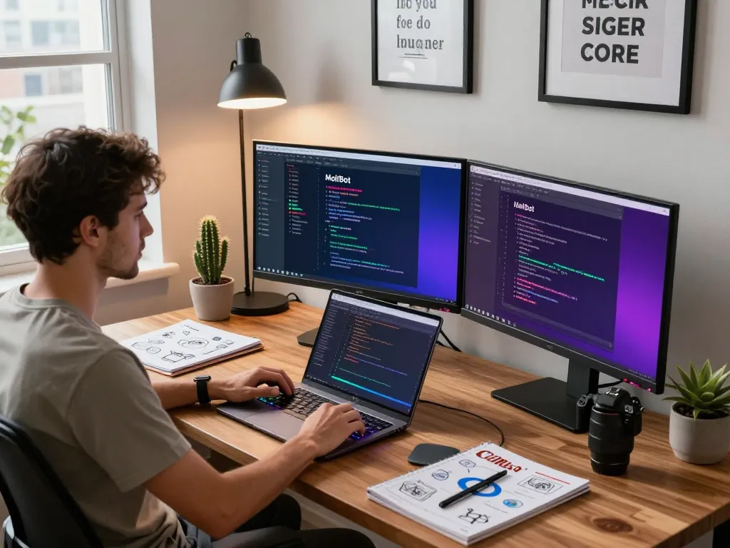 MoltBot AI interface on multiple screens in a stylish developer workspace showcasing productivity and innovation.