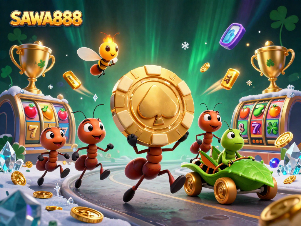 Engage with SAWA888's thrilling slots adventure as ants carry a giant poker chip and escape.