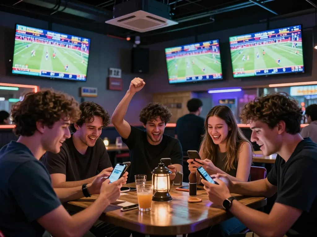Engaged bettors enjoying live sports with 33win apps in a vibrant bar setting