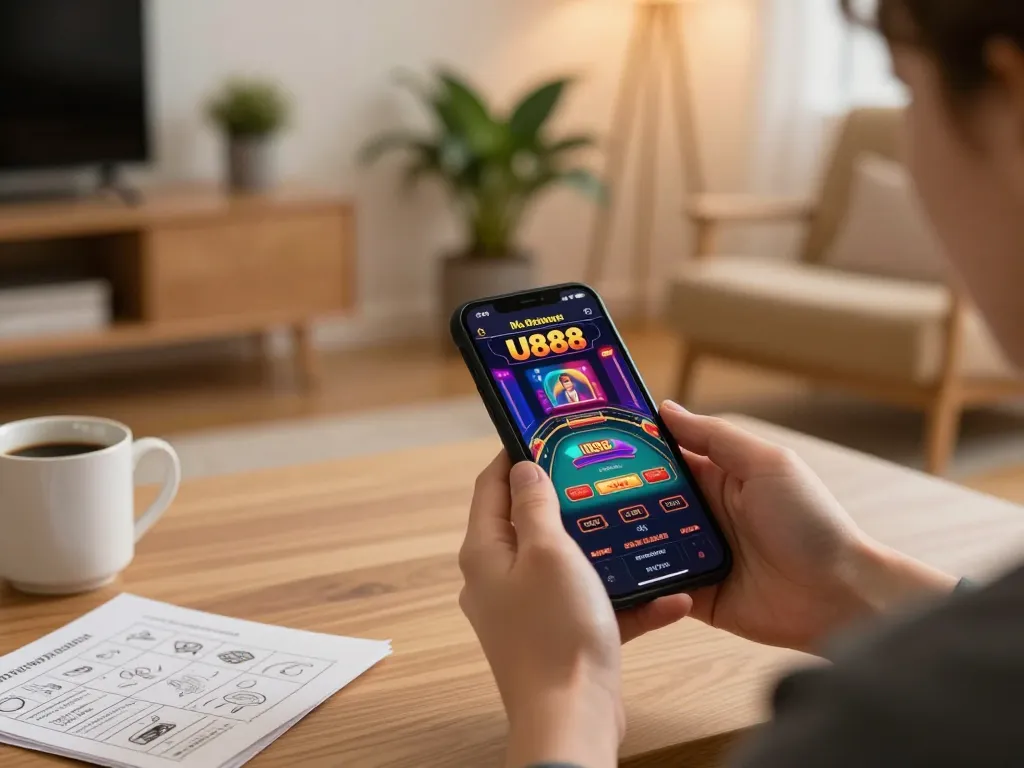 Player engages with U888 app on smartphone in cozy home setting, focusing on live dealer game.