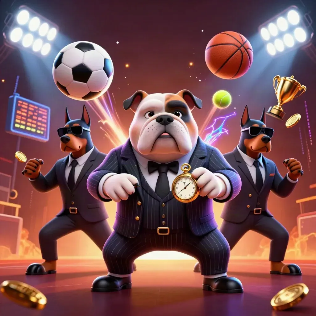 Bulldog boss and Dobermans amid flying sports balls, trophy glow, neon energy, and gold coins.