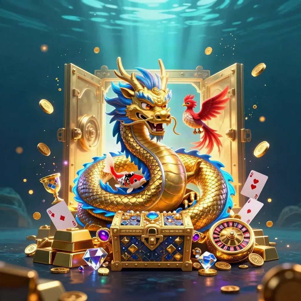 Golden dragon, phoenix, and koi erupting with treasure from a glowing vault underwater.