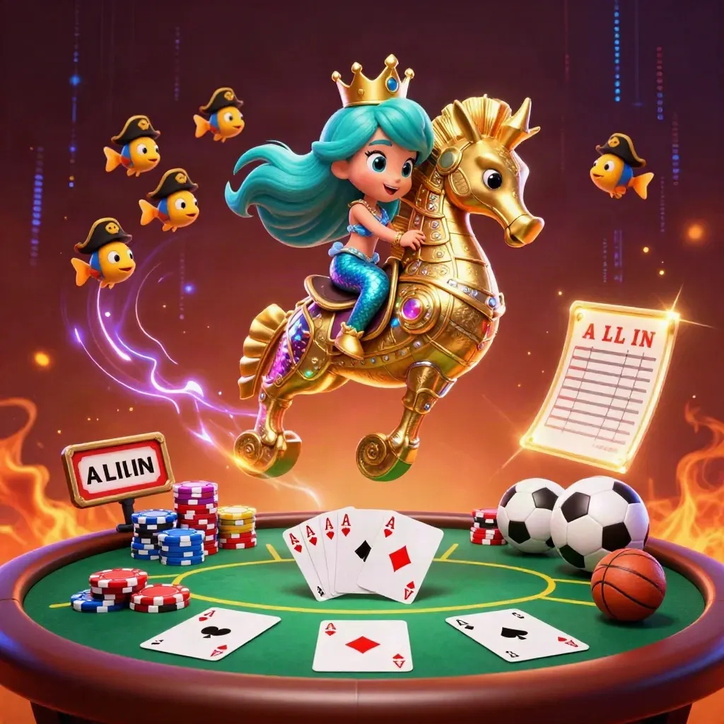 Mermaid princess on a golden seahorse amid poker chips, cards, balls, and neon casino glow.