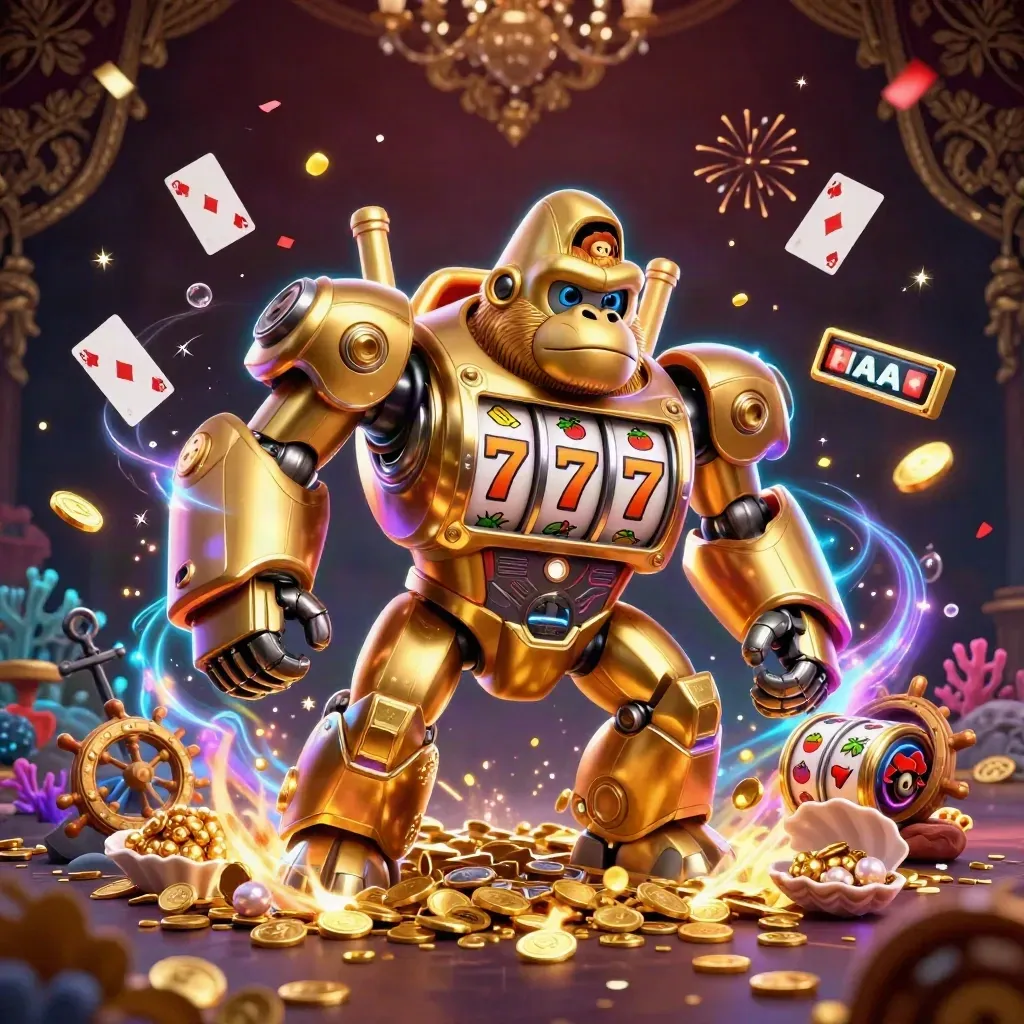 Golden gorilla slot-mech with monkey pilot amid treasure, coral, cards, coins and blue-purple sparks.