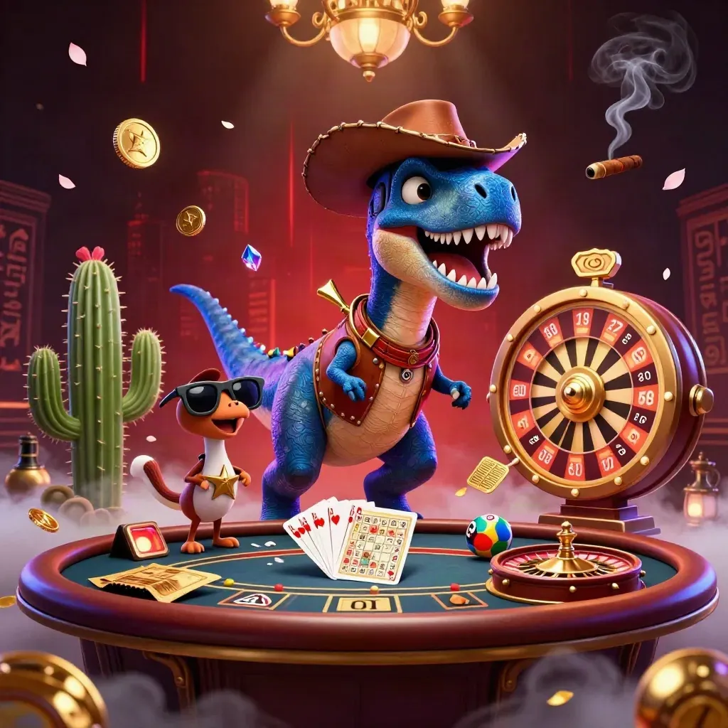 Cowboy T-Rex, cactus sidekick, and sheriff roadrunner amid neon casino props and lights