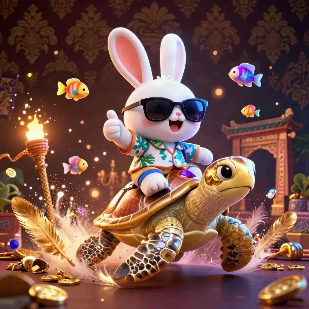 Lucky rabbit rides a gold sea turtle amid treasure, temple gate, and neon glow.