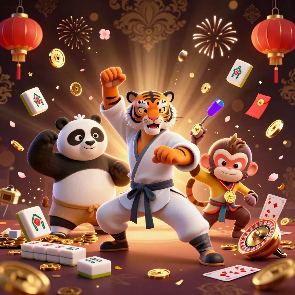 Tiger master, panda disciple, and monkey amid bursting gold coins, fireworks, and casino symbols.