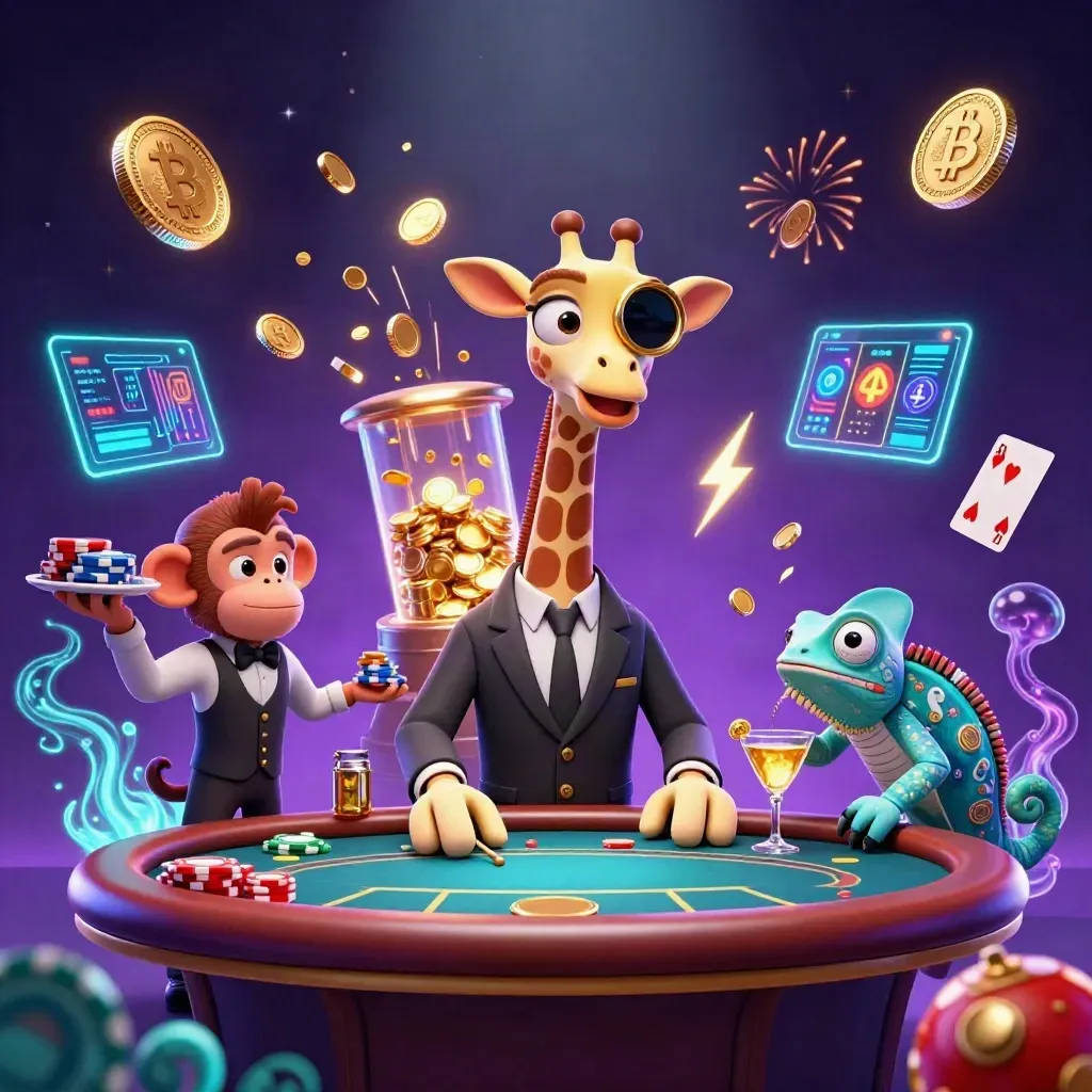 Giraffe, monkey, and chameleon in a neon casino burst with coins, cards, and glowing energy.