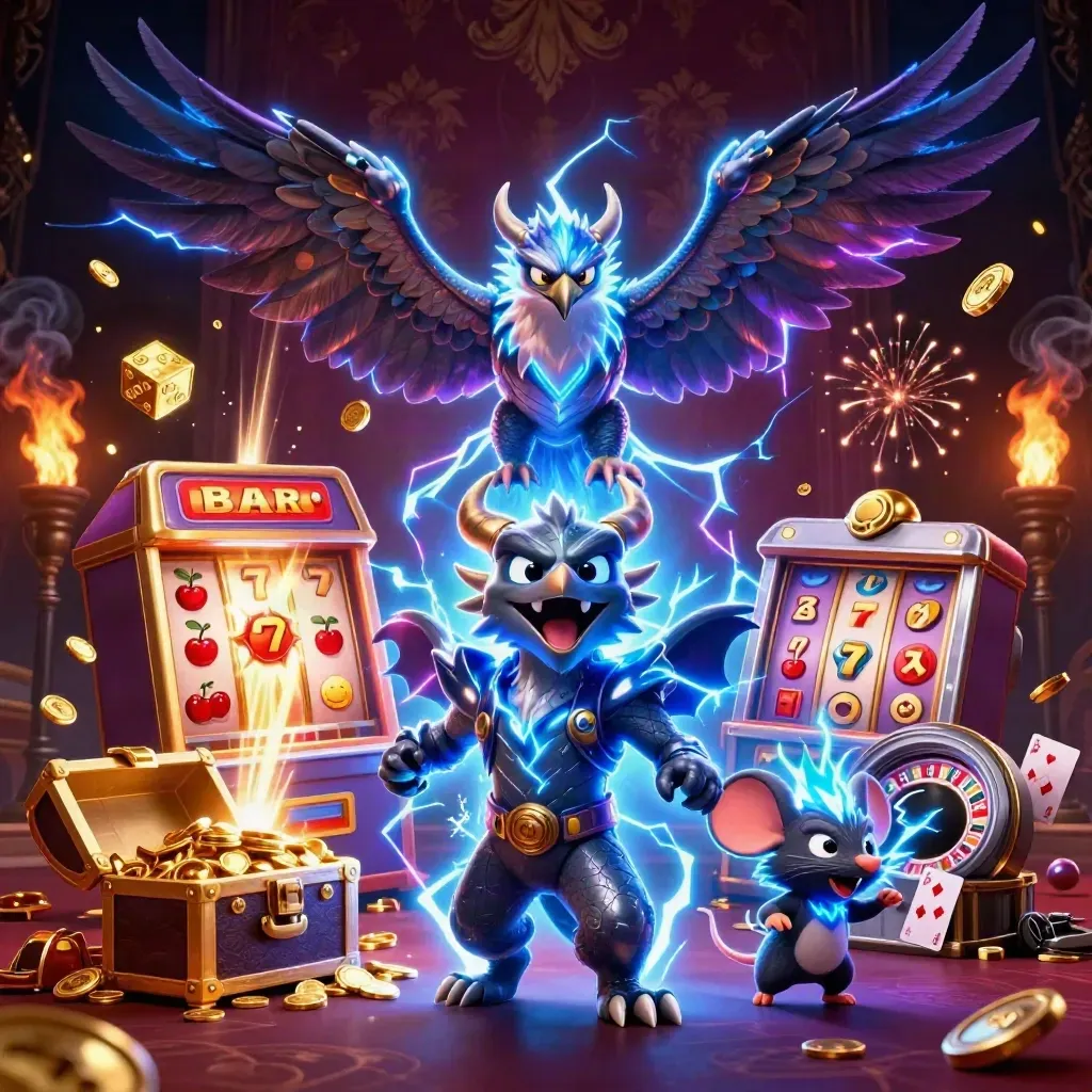 Thunder dragon, wind hawk and thunder-mouse amid slot symbols, coins, fireworks, luxe casino glow.