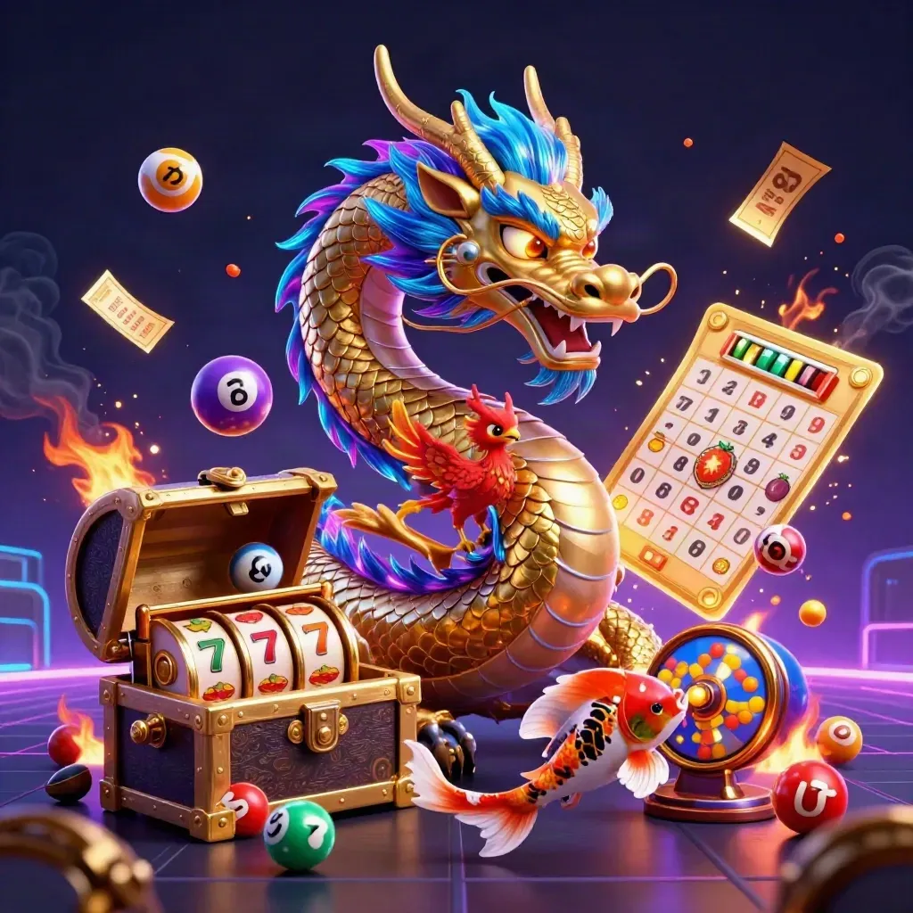 Golden dragon with phoenix and koi exploding with casino reels, balls, and neon jackpot glow