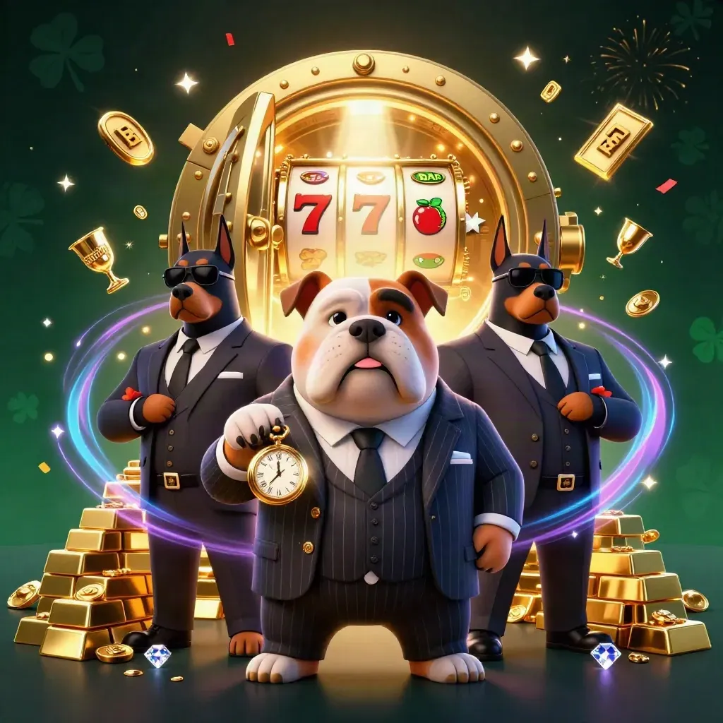Mafia bulldog and Dobermans by glowing vault, gold, reels, sparkles in neon casino light