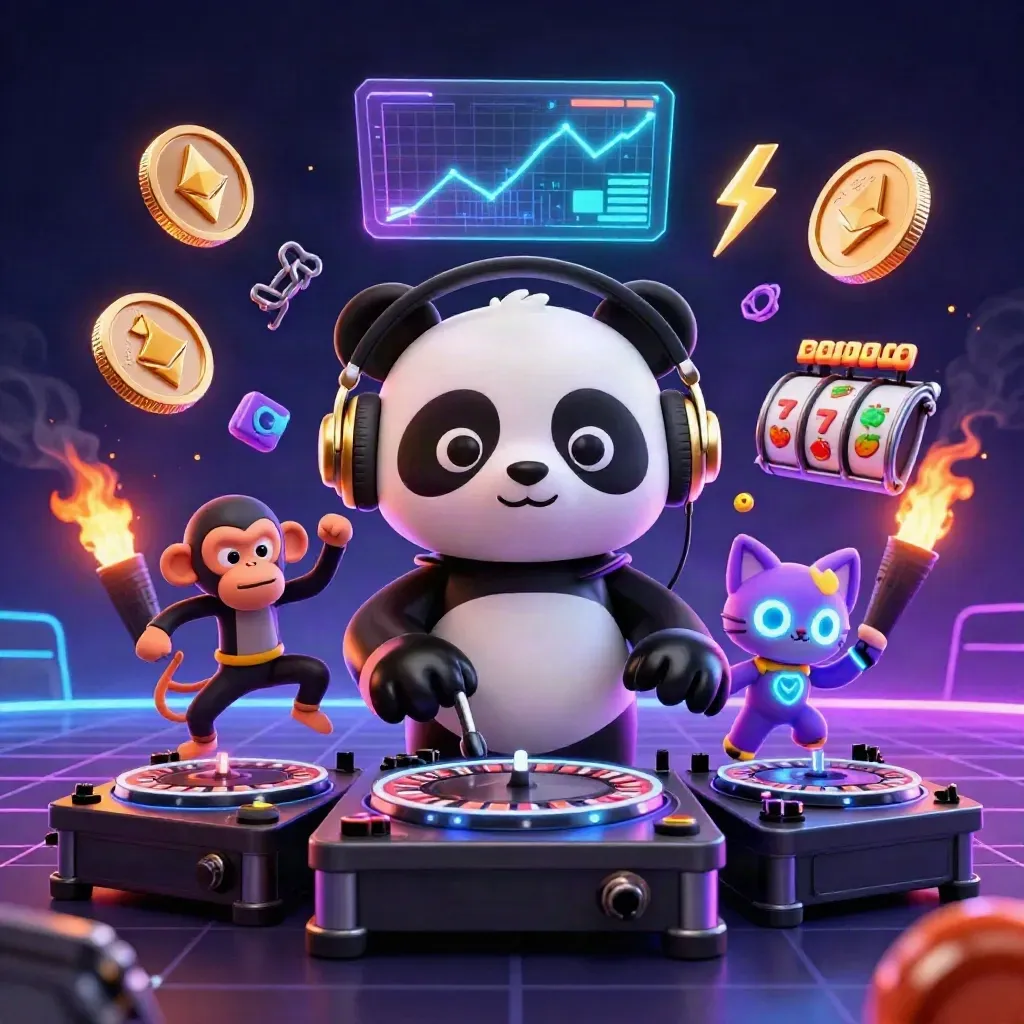 DJ panda, monkey, and rave kitten amid neon coins, reels, and lightning on dark esports backdrop.