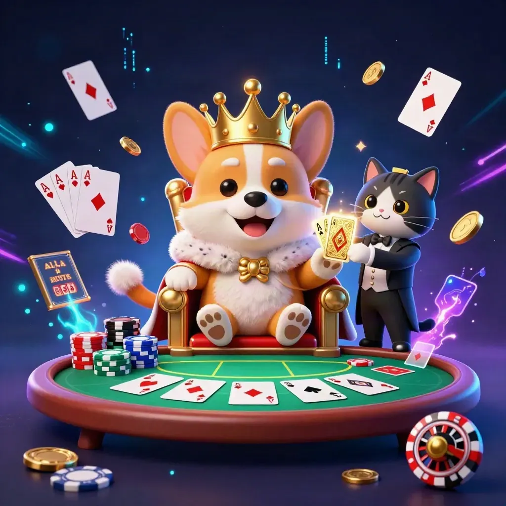 Royal corgi and cat butler amid poker chips, cards, coins and neon casino glow