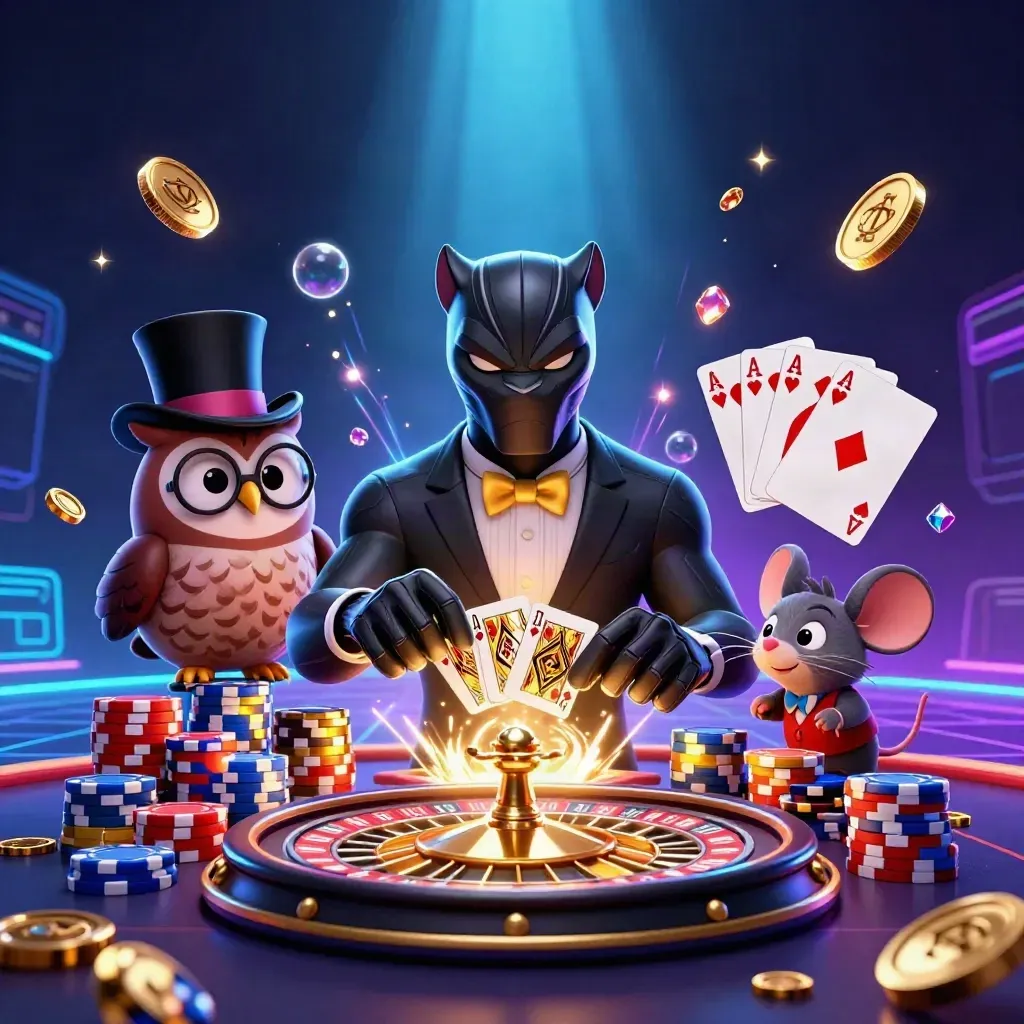 Panther, owl and mouse in neon casino chaos with cards, chips and a glowing roulette wheel.