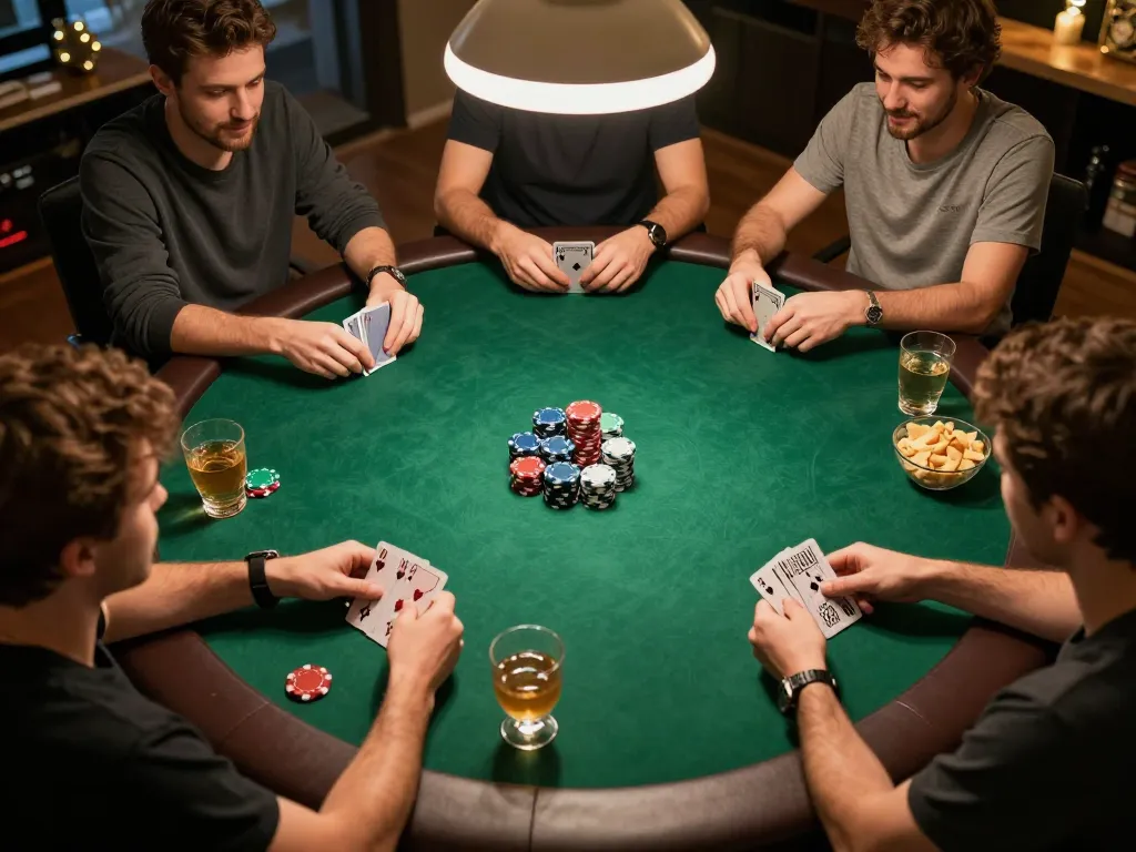 Players at a home poker night strategizing at the table, immersed in HELLO88 gameplay.