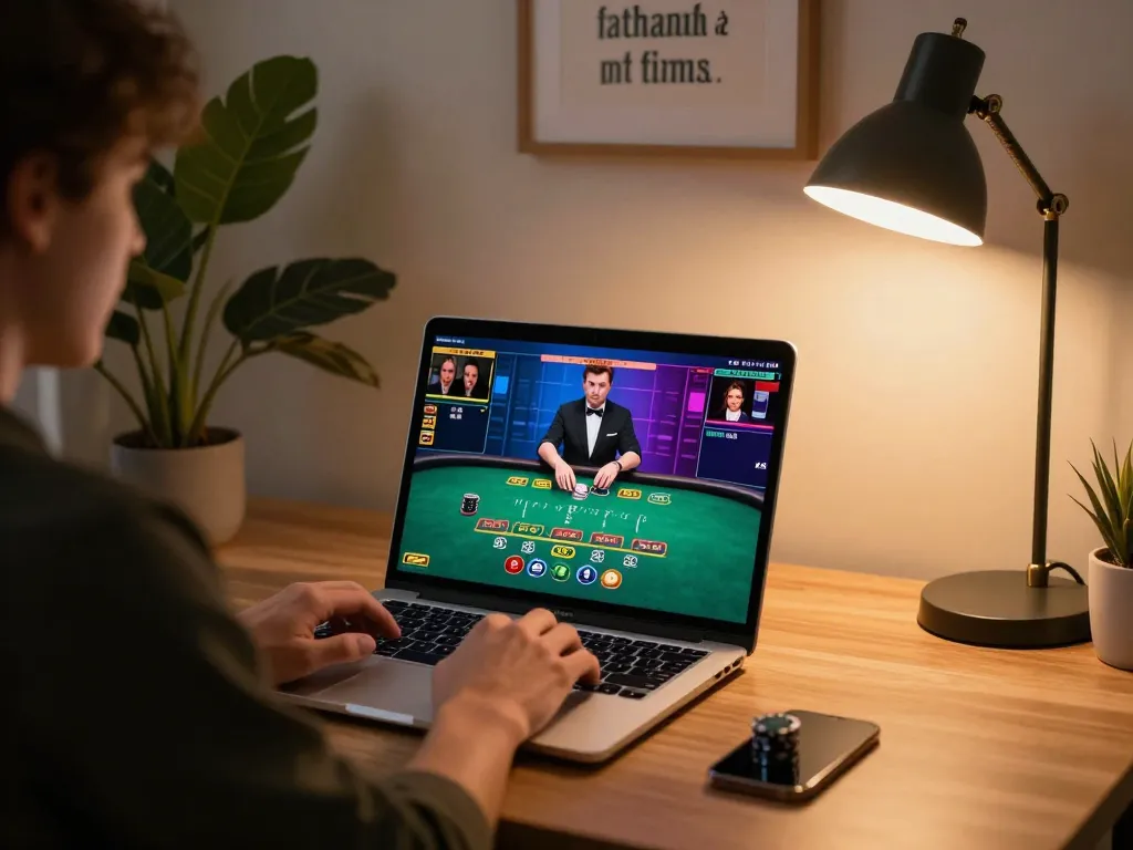 Player engaged in 88vv live dealer blackjack on a laptop, demonstrating online gambling excitement.