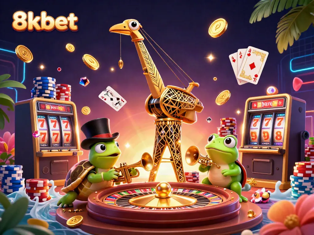 Experience thrilling luck at 8kbet with colorful casino characters and joyous elements amid cascading coins.