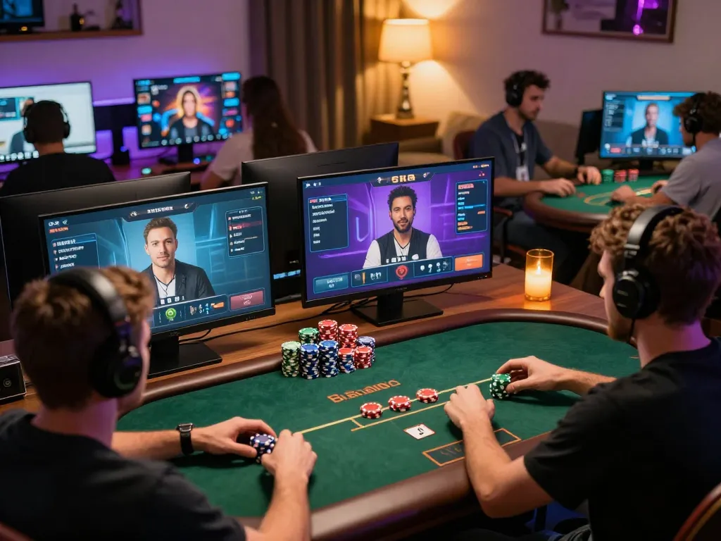 hitclub players strategizing in an online poker game, vibrant interactive interface visible
