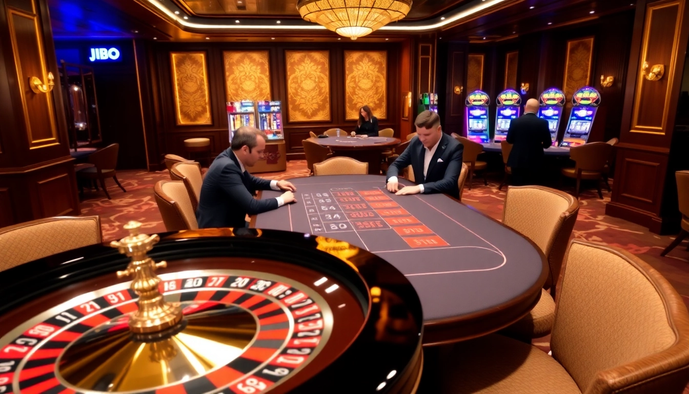Experience high-stakes gaming at JBO's luxurious casino tables with strategic poker and roulette action.