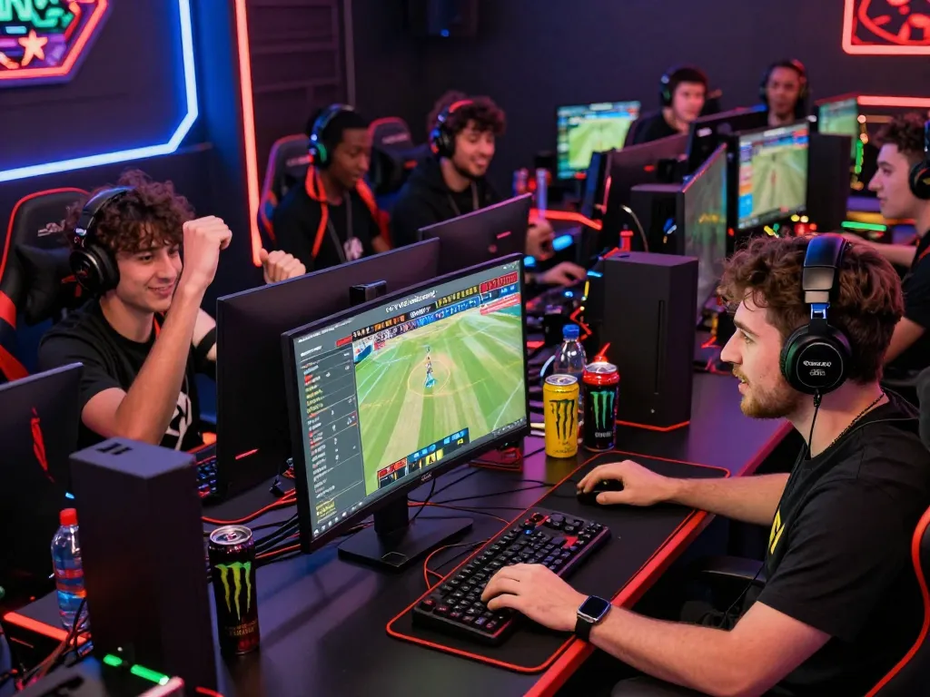 Exciting gaming scene with players engaged in rikbet sports wagering activities, lively atmosphere and dynamic setups.
