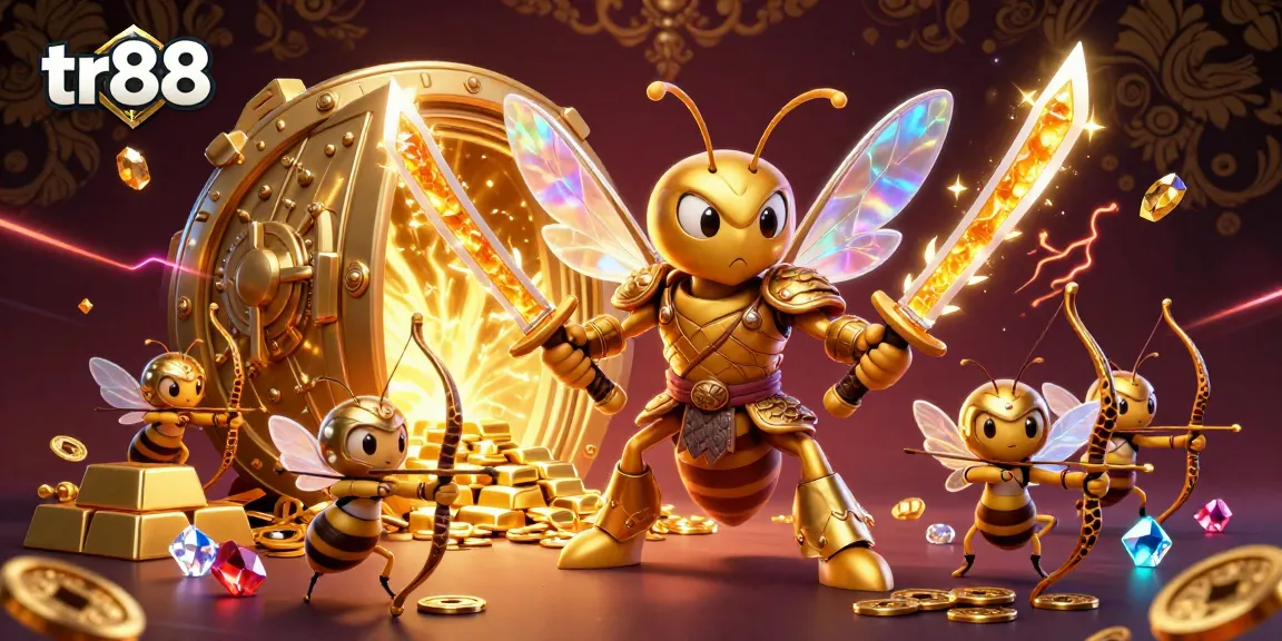 tr88 engages players with a stunning 3D illustration of a golden hornet in samurai armor in a vibrant casino scene.