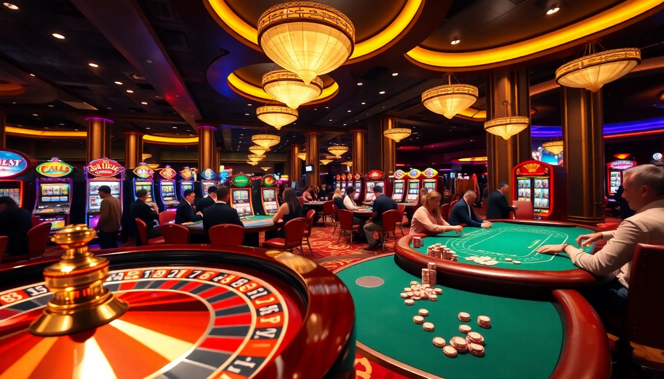 Players celebrating winnings at tha casino, with roulette and vibrant gaming tables.
