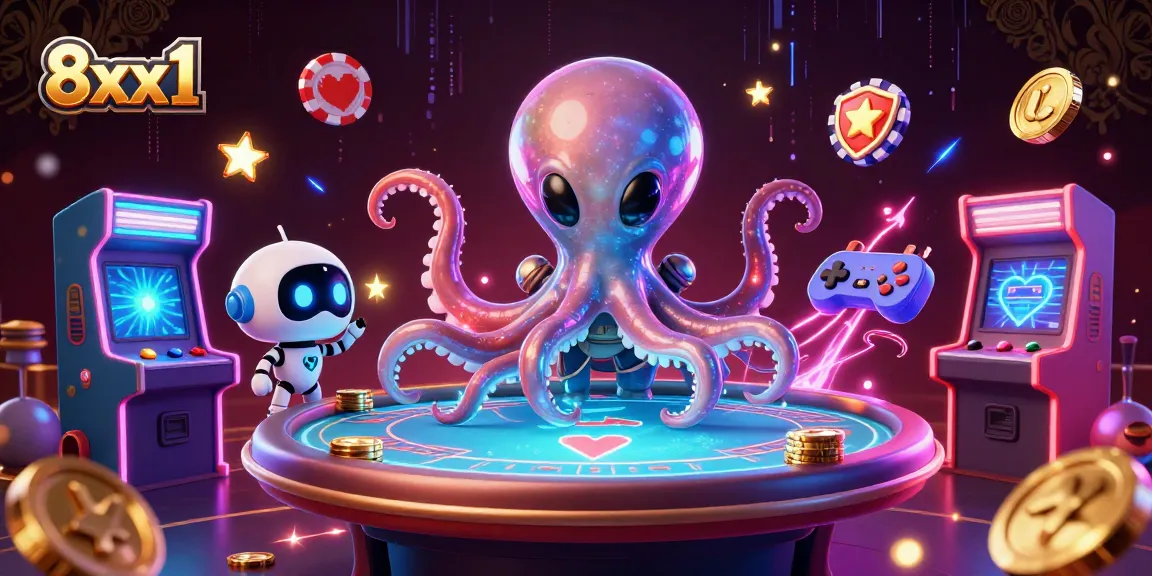 Engage with 8xx1's vibrant gaming experience featuring a lively alien octopus at a holographic poker table.
