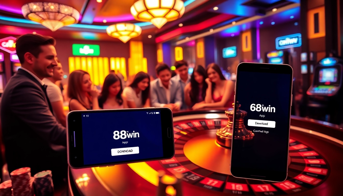 Tải app 68WIN displayed on a smartphone amidst exciting casino elements like chips and cards.