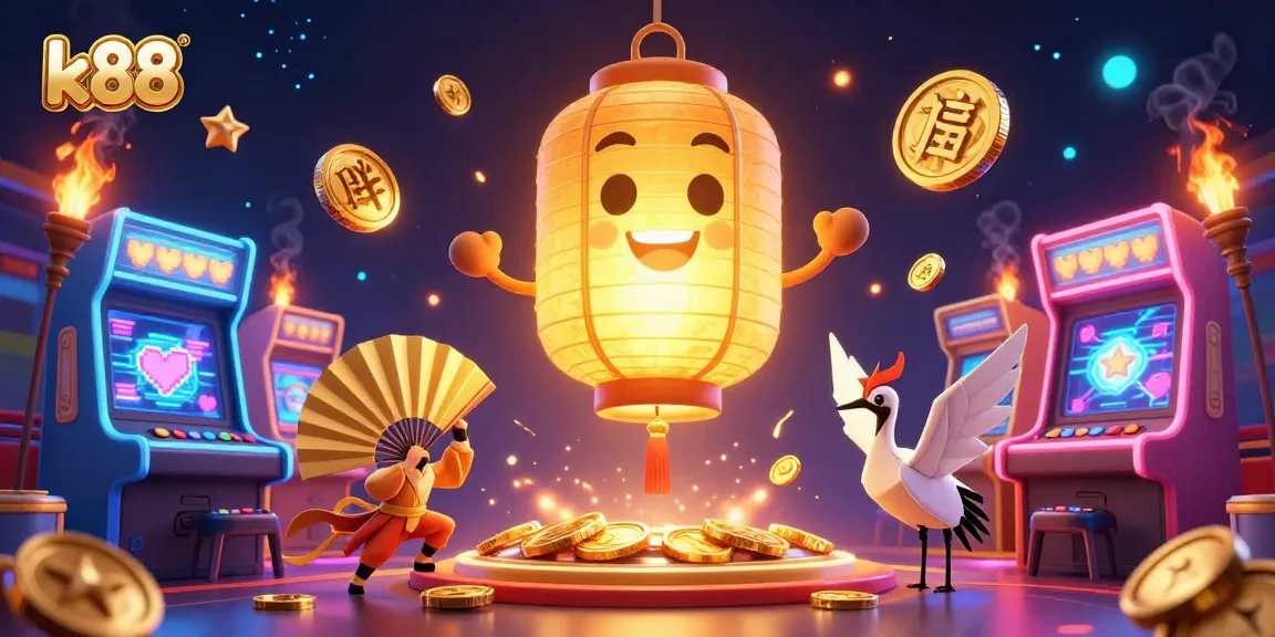 Experience thrill with k88 at a fantastical casino with a golden lantern spirit and arcade games.