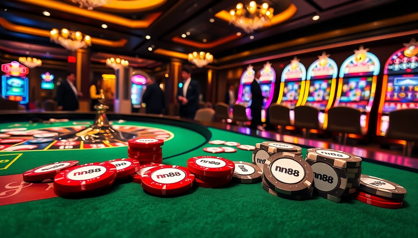 Experience the excitement of nn88 at a luxurious casino table with poker chips and roulette.