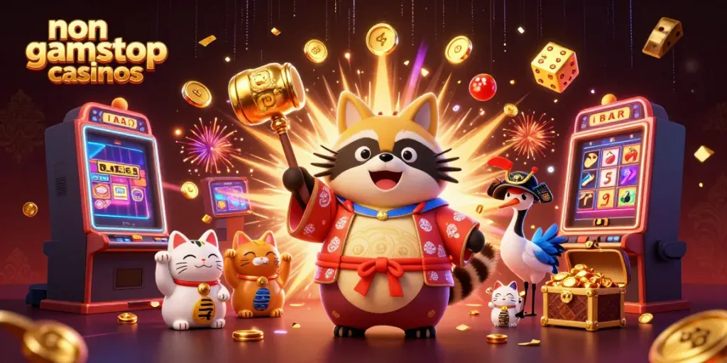 Experience the excitement of non gamstop casinos with cheerful characters, dynamic casino elements, and vibrant energy.