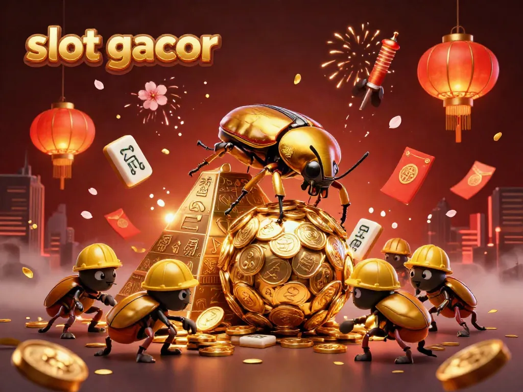 Experience vibrant action with slot gacor as golden beetles roll coins, surrounded by casino elements.
