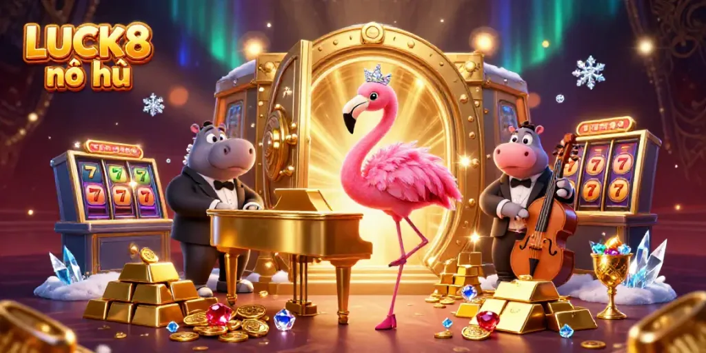 Spin the reels for big wins at LUCK8 nổ hũ in this vibrant casino scene featuring characters and jewels.