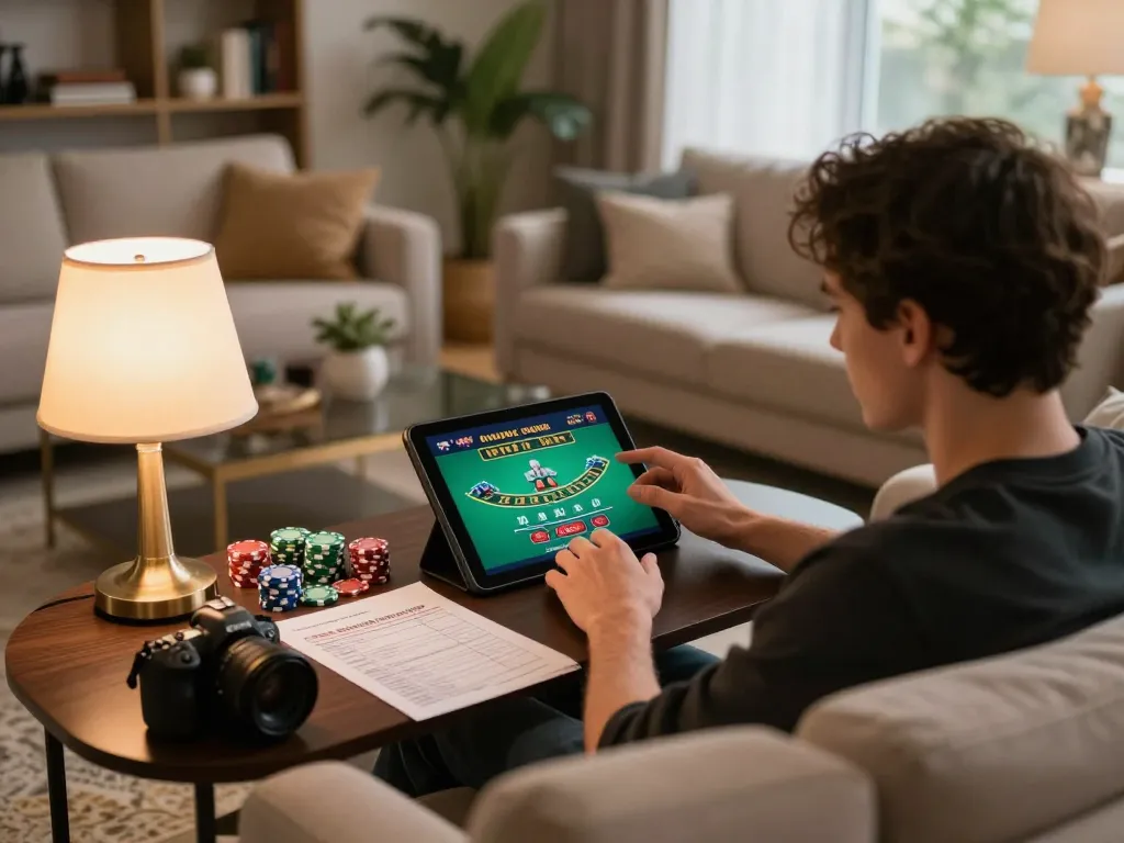 Engaging with co 88 online casino game on a tablet in a cozy living room setting, emphasizing responsible gaming.