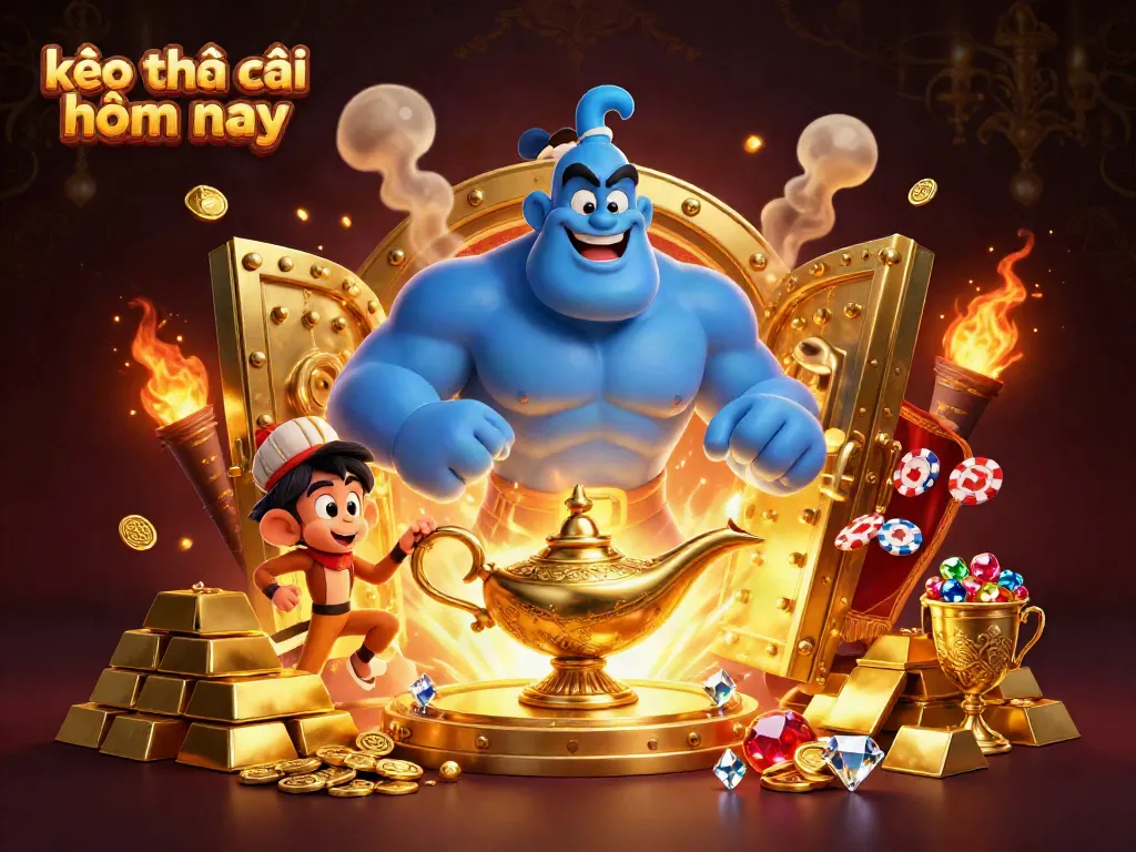 Experience kèo nhà cái hôm nay with an enchanting scene featuring a genie, monkey, and treasure!