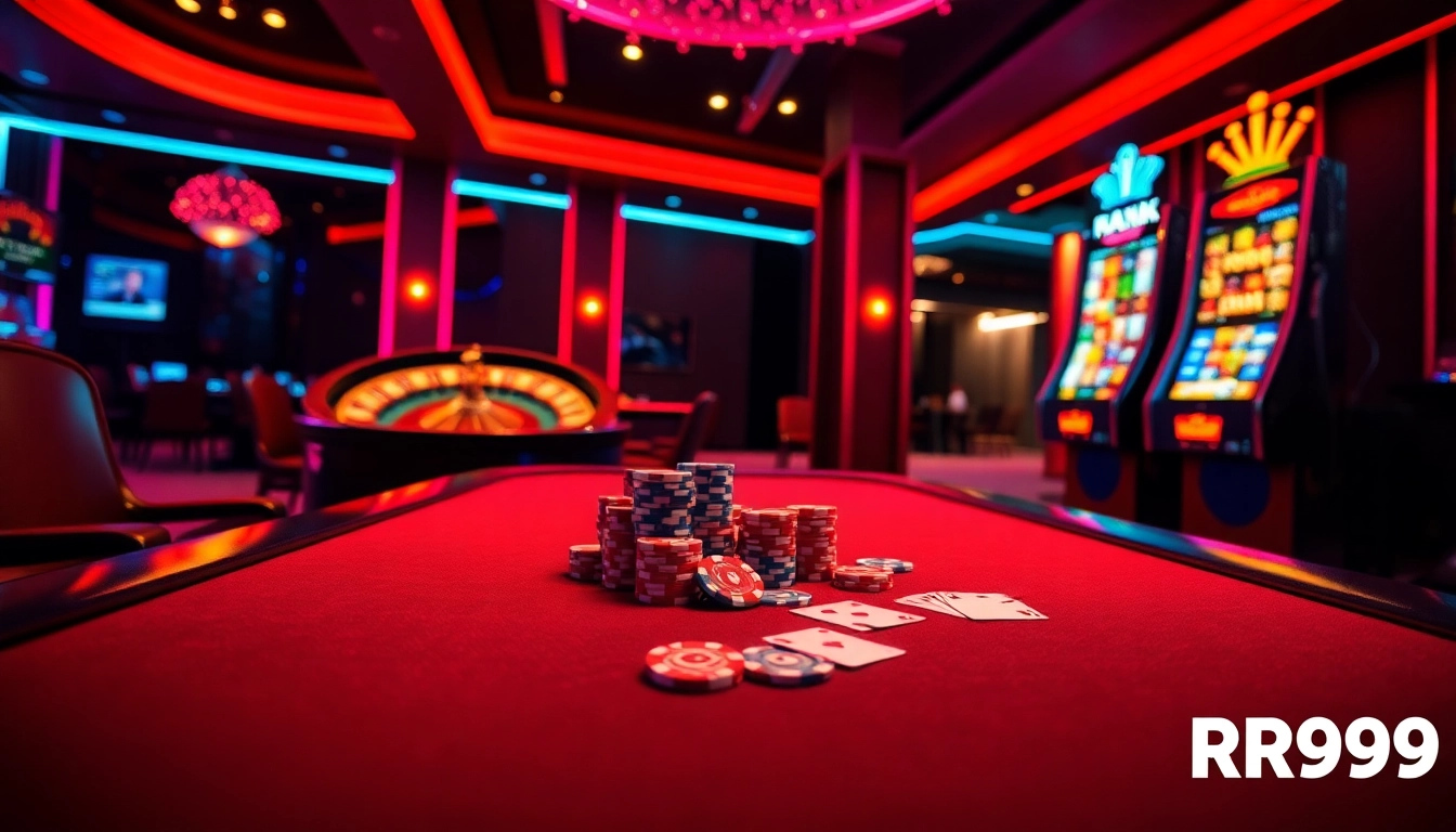 RR99 casino scene showcasing a vibrant poker table, roulette wheel, and slot machine in a luxurious setting.